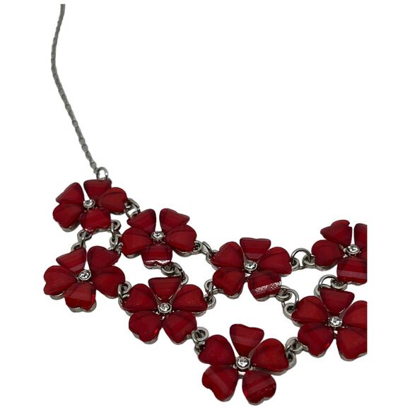 Red Crystal Flower Statement Necklace Bib Collar Chainlink Fashion Jewelry 34" - Picture 7 of 8